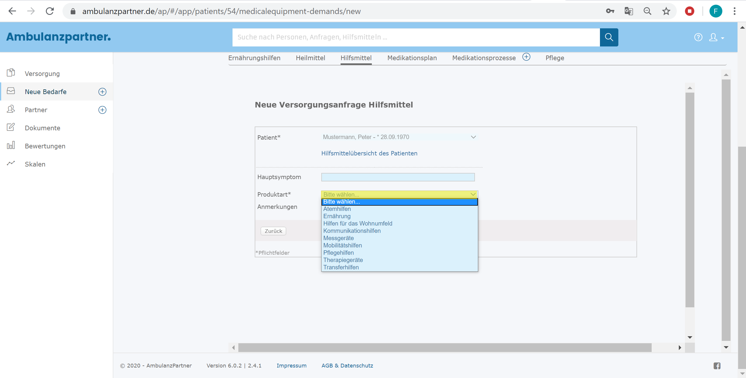 Neue Versorgungsanfrage Hilfsmittel