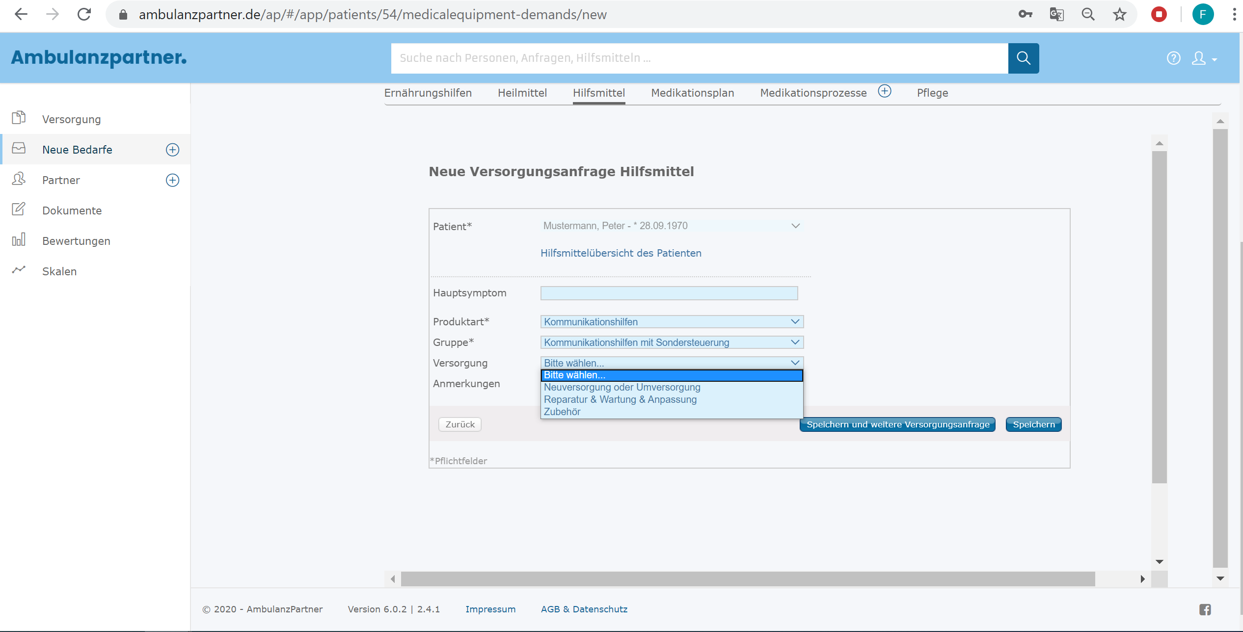 Neue Versorgungsanfrage Hilfsmittel