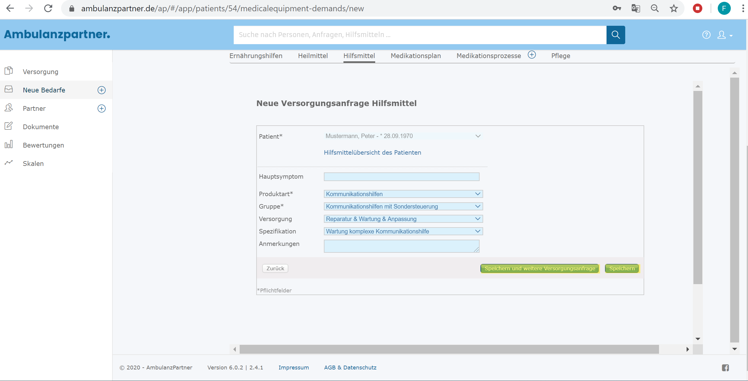 Neue Versorgungsanfrage Hilfsmittel